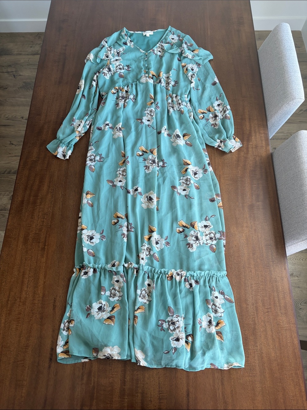 orange creek Teal Floral Long Sleeve Tiered Dress